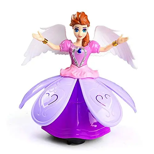 Dancing Miracle Princess Toy Doll with Wings Interactive Revolving Cute Doll Colorful LED Lights and Music (Design 1)